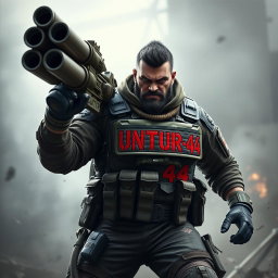 A fierce game character, styled after Call of Duty, equipped with a powerful rocket launcher