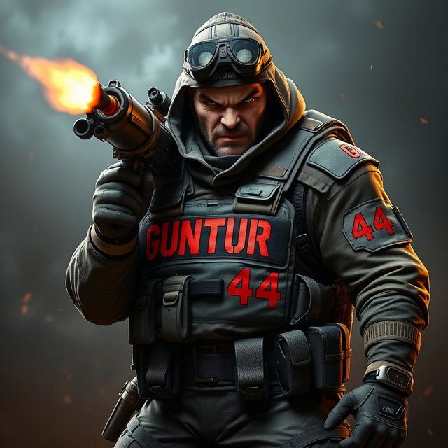 A fierce game character, styled after Call of Duty, equipped with a powerful rocket launcher