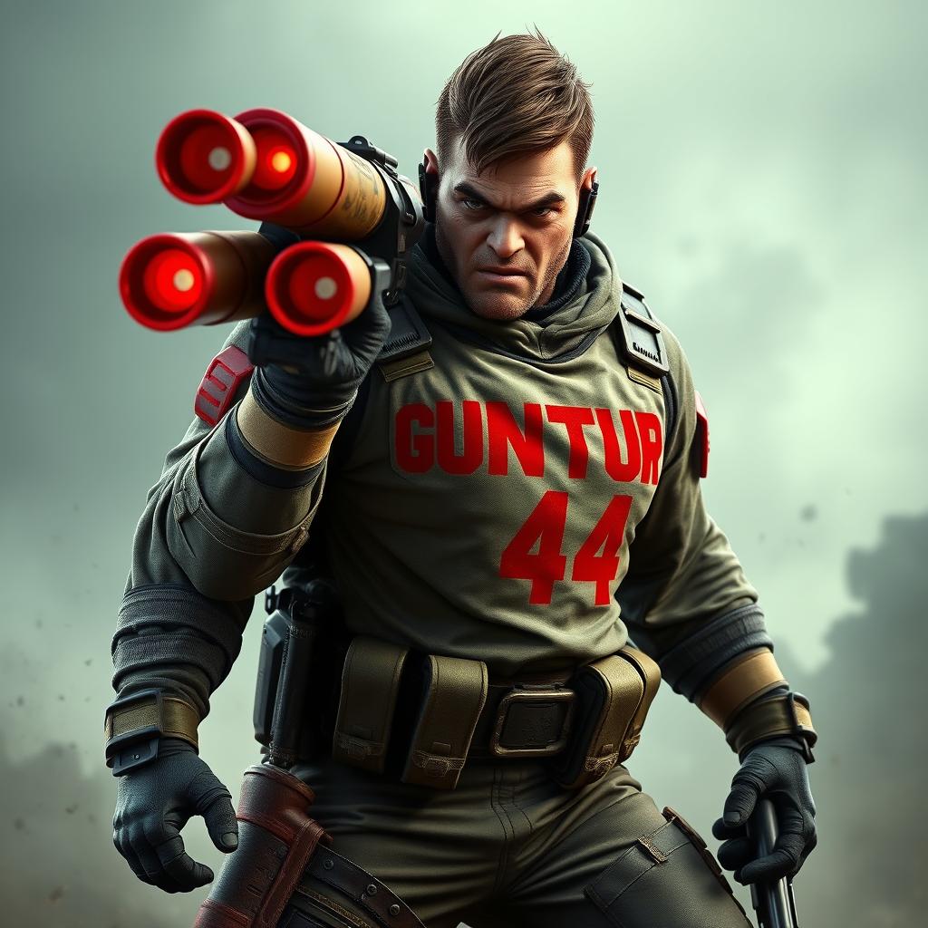 A fierce game character, styled after Call of Duty, equipped with a powerful rocket launcher