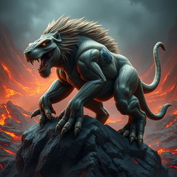 A highly detailed and realistic hybrid creature that combines the powerful frame of a lion with features of a dinosaur, set in a dramatic prehistoric volcanic landscape
