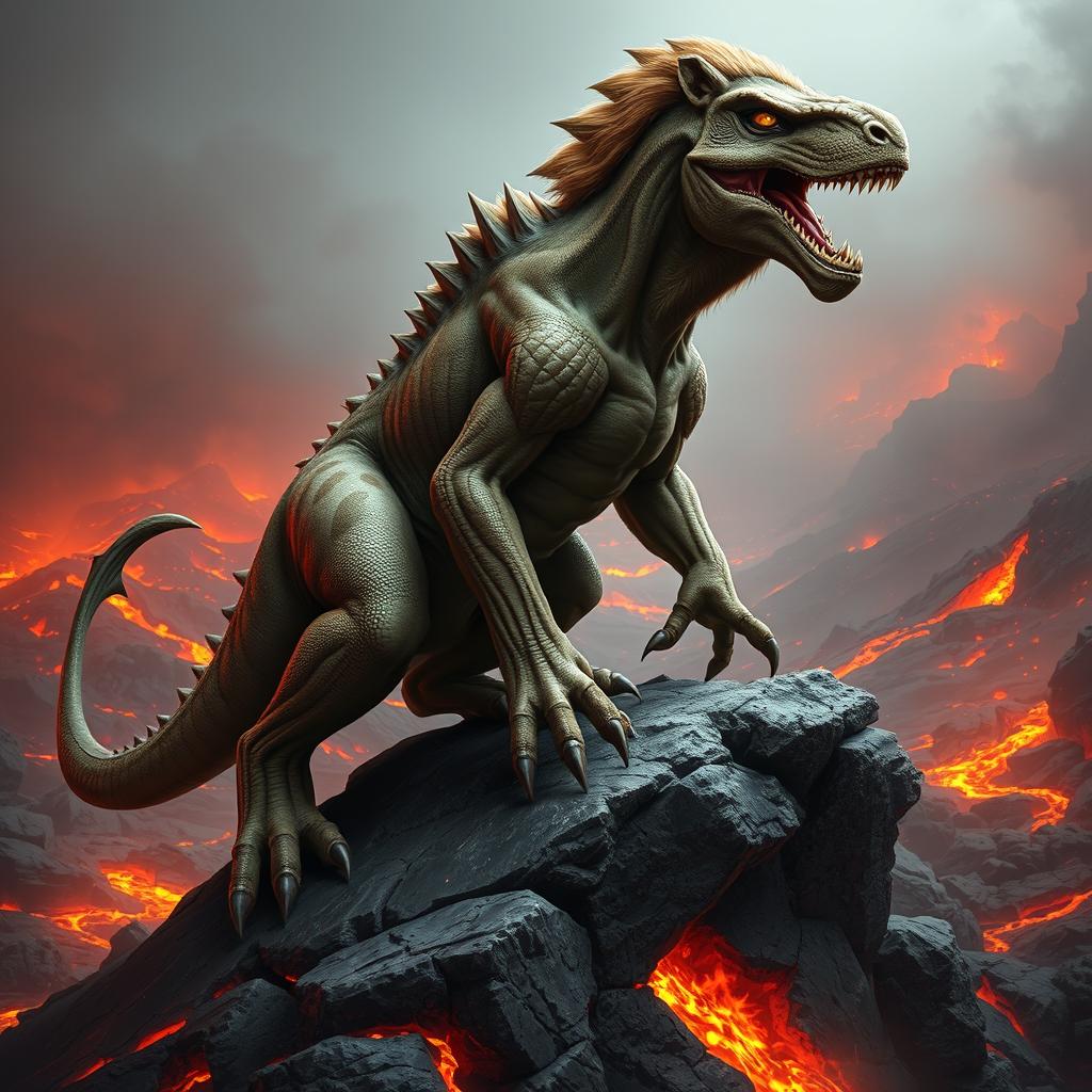 A highly detailed and realistic hybrid creature that combines the powerful frame of a lion with features of a dinosaur, set in a dramatic prehistoric volcanic landscape
