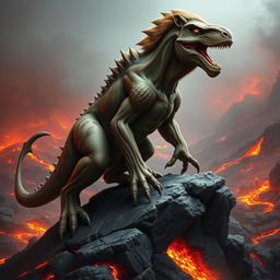 A highly detailed and realistic hybrid creature that combines the powerful frame of a lion with features of a dinosaur, set in a dramatic prehistoric volcanic landscape