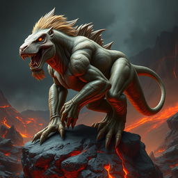 A highly detailed and realistic hybrid creature that combines the powerful frame of a lion with features of a dinosaur, set in a dramatic prehistoric volcanic landscape