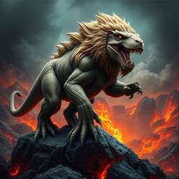 A highly detailed and realistic hybrid creature that combines the powerful frame of a lion with features of a dinosaur, set in a dramatic prehistoric volcanic landscape