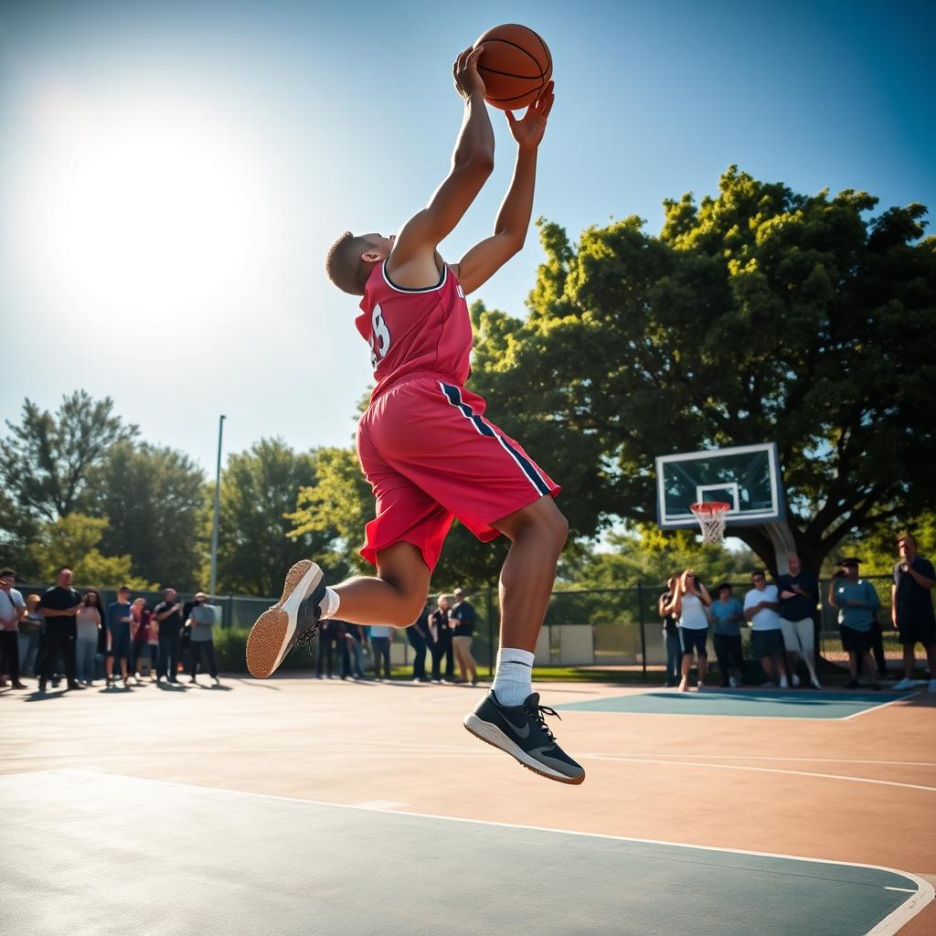 A man playing basketball on an outdoor court, showcasing an intense moment of action as he jumps to make a slam dunk