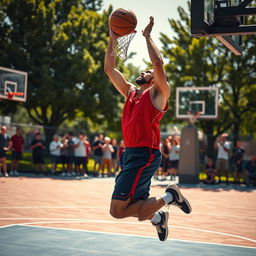 A man playing basketball on an outdoor court, showcasing an intense moment of action as he jumps to make a slam dunk