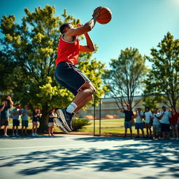 A man playing basketball on an outdoor court, showcasing an intense moment of action as he jumps to make a slam dunk