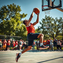 A man playing basketball on an outdoor court, showcasing an intense moment of action as he jumps to make a slam dunk