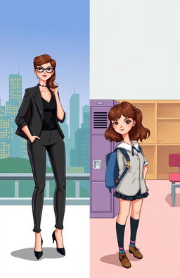 A book cover illustration featuring a split design that contrasts two different times in a woman's life