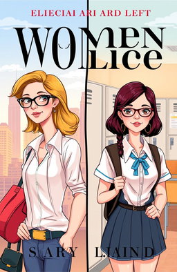 A book cover illustration featuring a split design that contrasts two different times in a woman's life