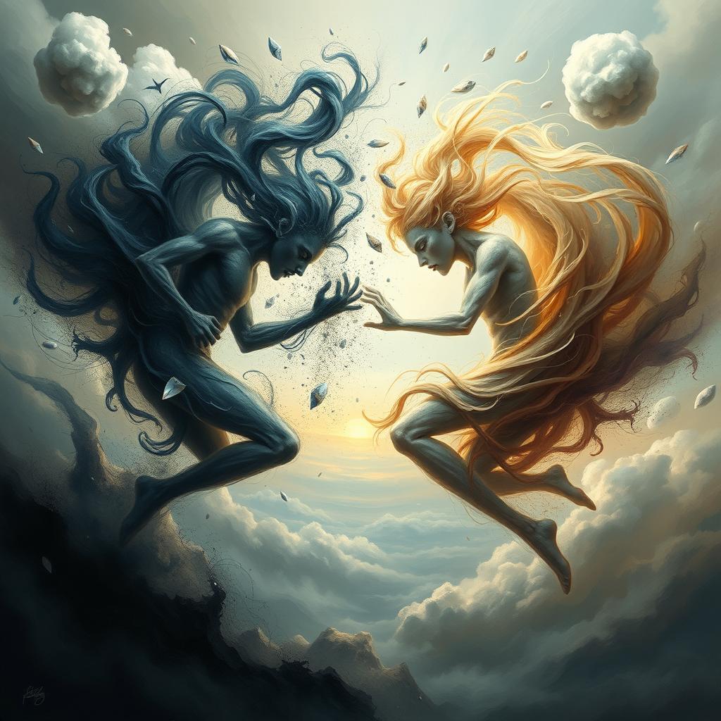 An abstract representation of inner turmoil and conflict, showcasing a dual figure battling itself in a surreal, dream-like landscape