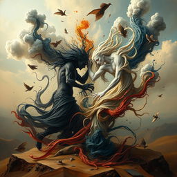 An abstract representation of inner turmoil and conflict, showcasing a dual figure battling itself in a surreal, dream-like landscape