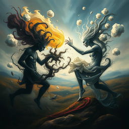 An abstract representation of inner turmoil and conflict, showcasing a dual figure battling itself in a surreal, dream-like landscape