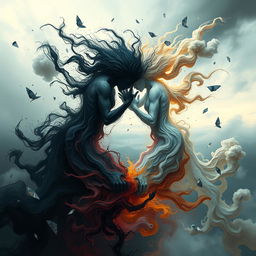 An abstract representation of inner turmoil and conflict, showcasing a dual figure battling itself in a surreal, dream-like landscape