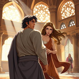 A dramatic scene depicting Prophet Joseph (حضرت یوسف) turning around in surprise as Zulekha (زلیخا) tears his shirt from behind