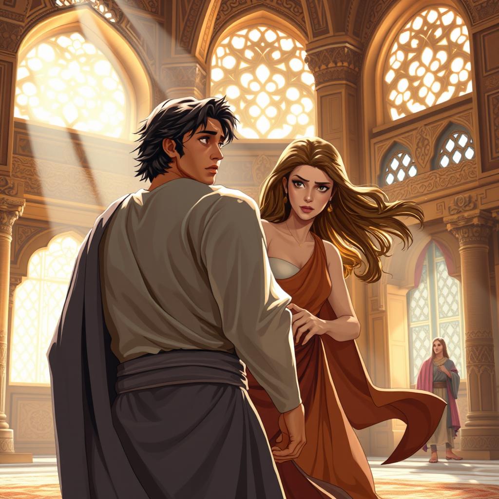 A dramatic scene depicting Prophet Joseph (حضرت یوسف) turning around in surprise as Zulekha (زلیخا) tears his shirt from behind