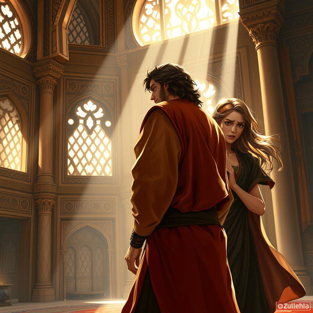 A dramatic scene depicting Prophet Joseph (حضرت یوسف) turning around in surprise as Zulekha (زلیخا) tears his shirt from behind