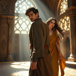 A dramatic scene depicting Prophet Joseph (حضرت یوسف) turning around in surprise as Zulekha (زلیخا) tears his shirt from behind