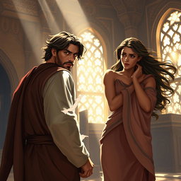 A dramatic scene depicting Prophet Joseph (حضرت یوسف) turning around in surprise as Zulekha (زلیخا) tears his shirt from behind