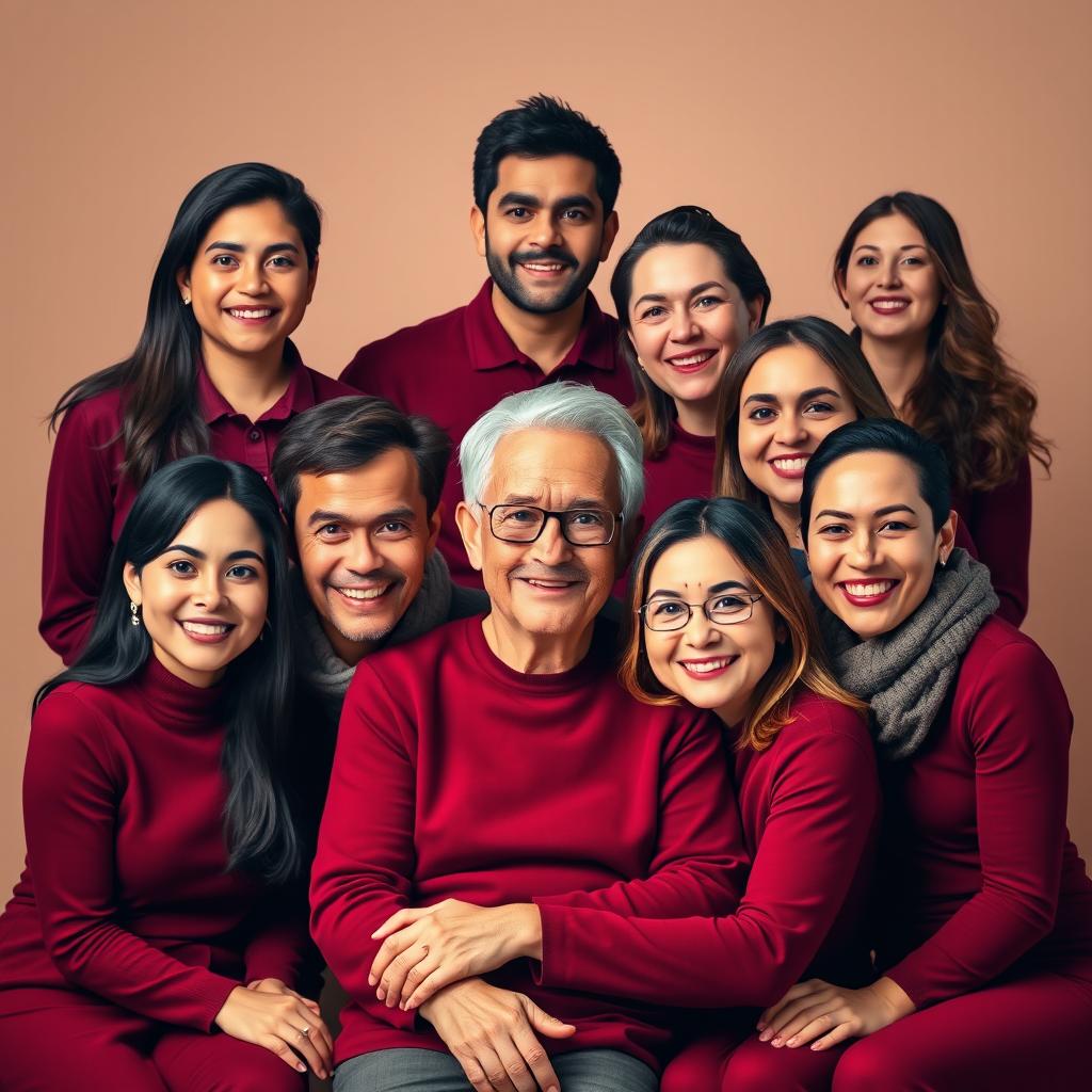 A family portrait featuring eight young adults and two older parents seated in the center, all wearing coordinated burgundy outfits