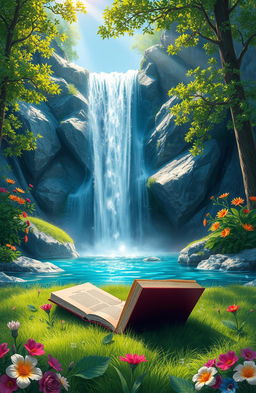 A serene digital painting depicting an arrangement of colorful books lying open on a soft, lush green grass beneath a stunning waterfall
