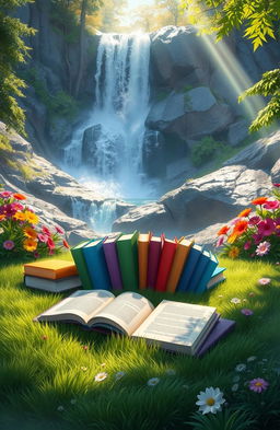 A serene digital painting depicting an arrangement of colorful books lying open on a soft, lush green grass beneath a stunning waterfall
