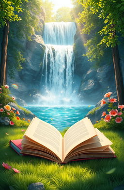 A serene digital painting depicting an arrangement of colorful books lying open on a soft, lush green grass beneath a stunning waterfall