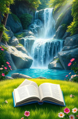 A serene digital painting depicting an arrangement of colorful books lying open on a soft, lush green grass beneath a stunning waterfall