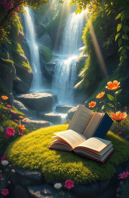 A captivating digital painting of several books resting on a soft patch of mossy ground, surrounded by lush greenery and vibrant wildflowers