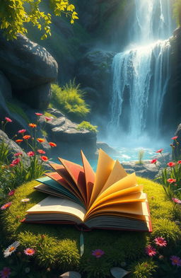 A captivating digital painting of several books resting on a soft patch of mossy ground, surrounded by lush greenery and vibrant wildflowers