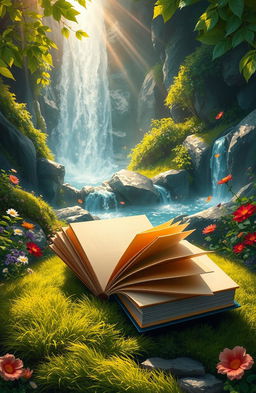A captivating digital painting of several books resting on a soft patch of mossy ground, surrounded by lush greenery and vibrant wildflowers