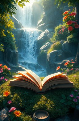 A captivating digital painting of several books resting on a soft patch of mossy ground, surrounded by lush greenery and vibrant wildflowers