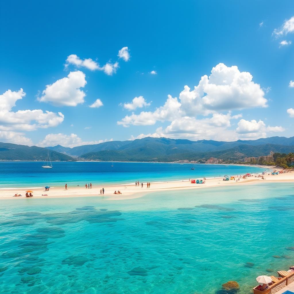 A stunning view of Antalya beach, showcasing crystal clear turquoise waters gently lapping against soft golden sands