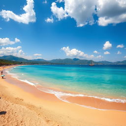 A stunning view of Antalya beach, showcasing crystal clear turquoise waters gently lapping against soft golden sands