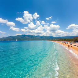 A stunning view of Antalya beach, showcasing crystal clear turquoise waters gently lapping against soft golden sands
