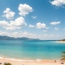A stunning view of Antalya beach, showcasing crystal clear turquoise waters gently lapping against soft golden sands