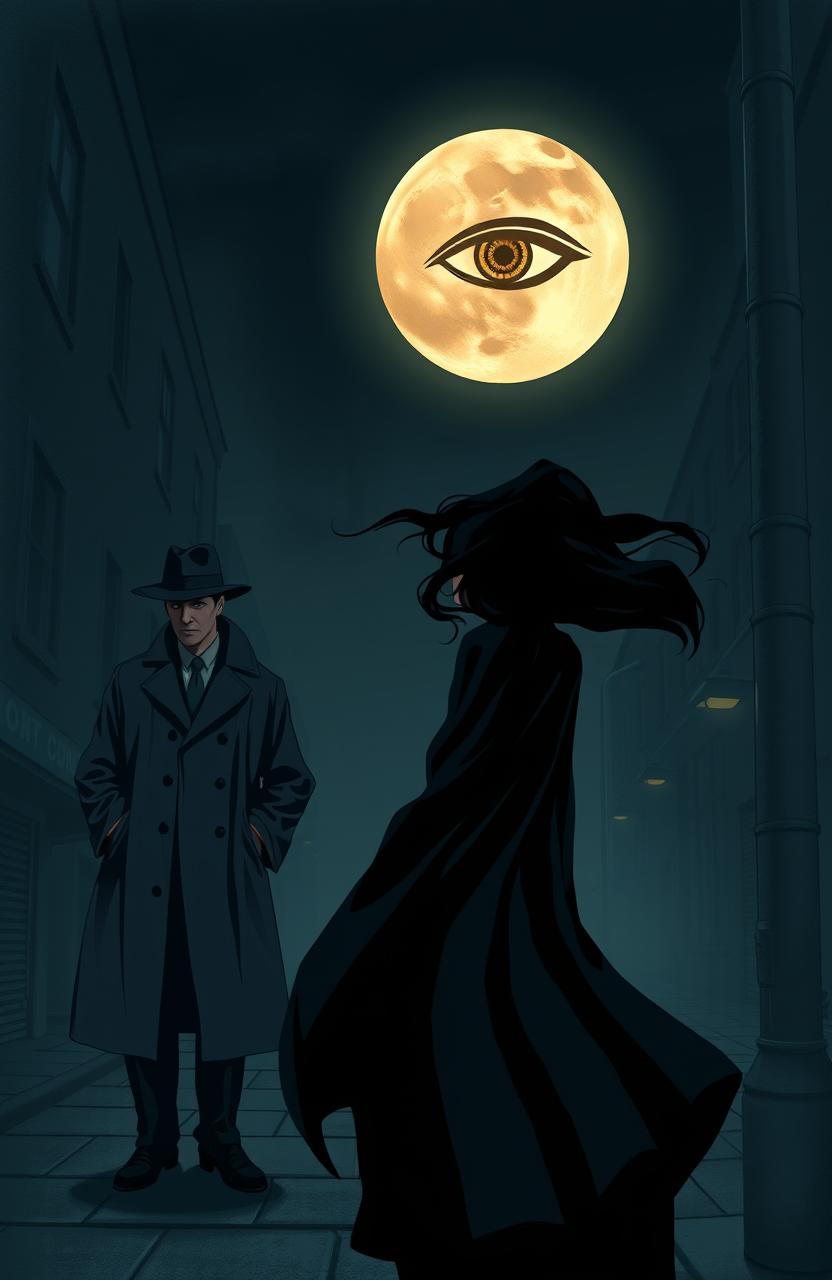 A mysterious detective standing on a street corner, with a moody urban backdrop