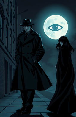 A mysterious detective standing on a street corner, with a moody urban backdrop