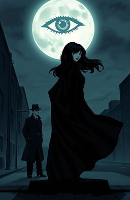 A mysterious detective standing on a street corner, with a moody urban backdrop