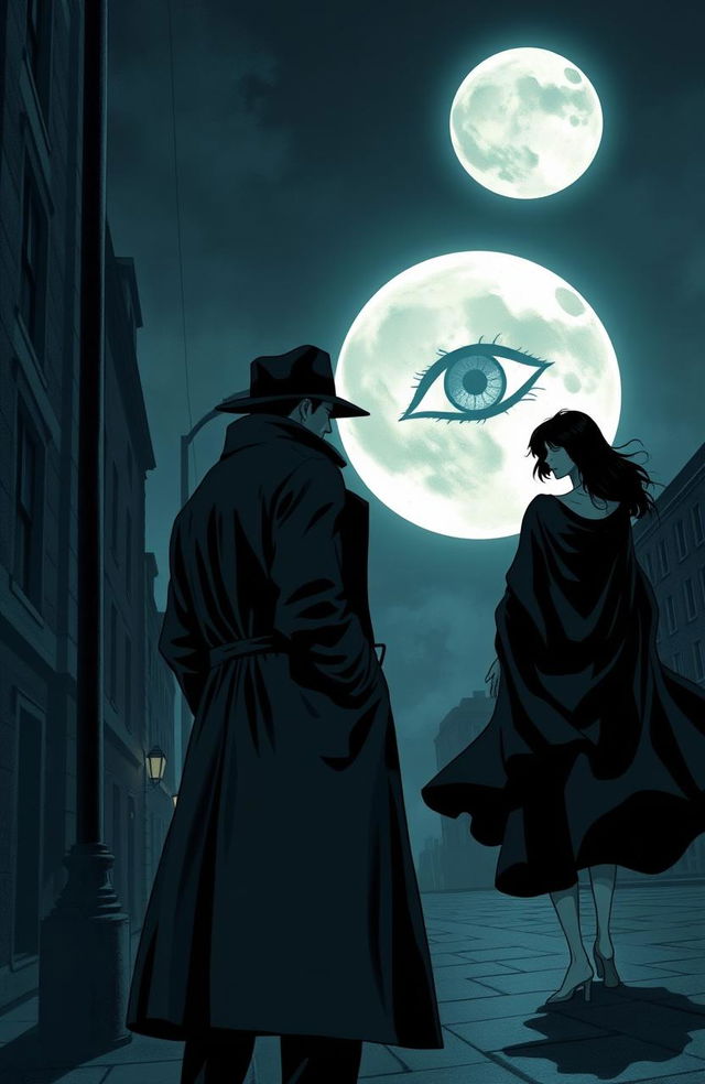 A mysterious detective standing on a street corner, with a moody urban backdrop