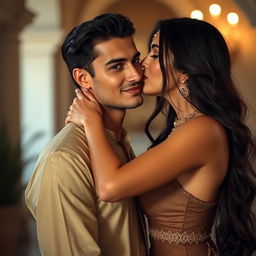A beautiful man standing still, with an Egyptian woman approaching him from behind