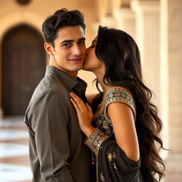 A beautiful man standing still, with an Egyptian woman approaching him from behind