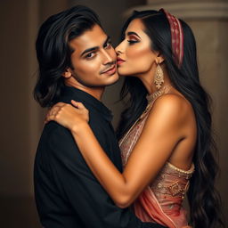 A beautiful man standing still, with an Egyptian woman approaching him from behind