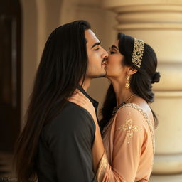 A beautiful man standing still, with an Egyptian woman approaching him from behind