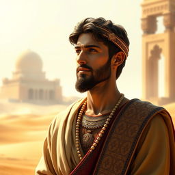 A majestic and contemplative scene depicting the Biblical figure Joseph (Yusuf), known for his wisdom and beauty