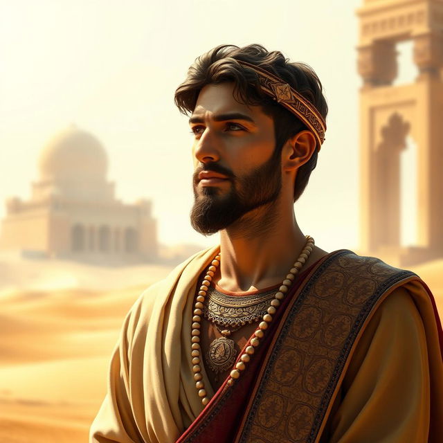 A majestic and contemplative scene depicting the Biblical figure Joseph (Yusuf), known for his wisdom and beauty