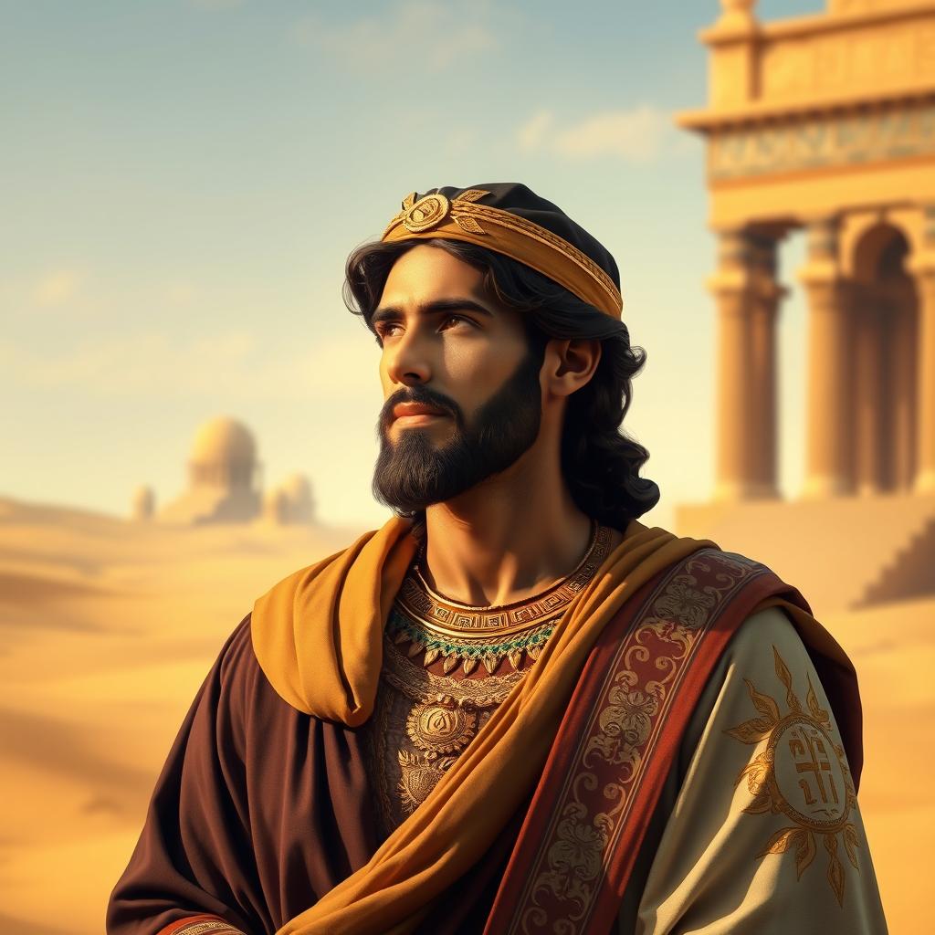 A majestic and contemplative scene depicting the Biblical figure Joseph (Yusuf), known for his wisdom and beauty