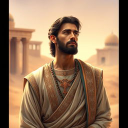 A majestic and contemplative scene depicting the Biblical figure Joseph (Yusuf), known for his wisdom and beauty