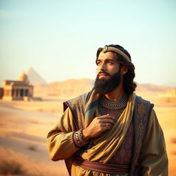 A majestic and contemplative scene depicting the Biblical figure Joseph (Yusuf), known for his wisdom and beauty