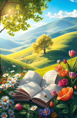 A serene digital painting depicting an assortment of books lying open amidst a stunning natural setting